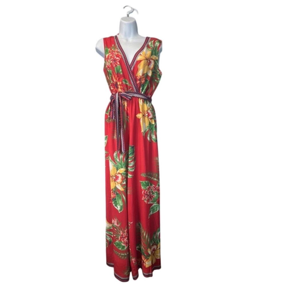 Flying Tomatoes Women’s Small Red Wide Leg Tropical Floral V NeckJumpsuit Cruise